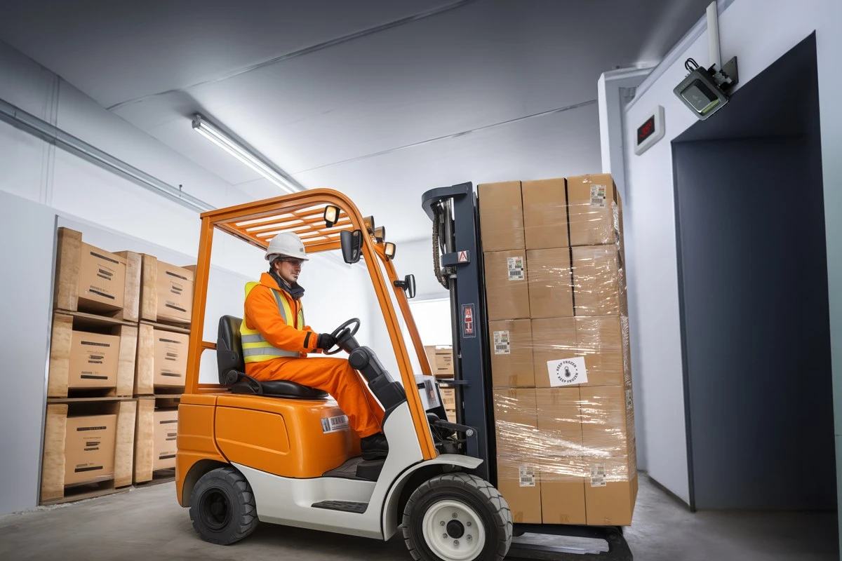 Montacargas con un pallet de cajas pasando por una puerta con un lector RFID fijo de Zebra